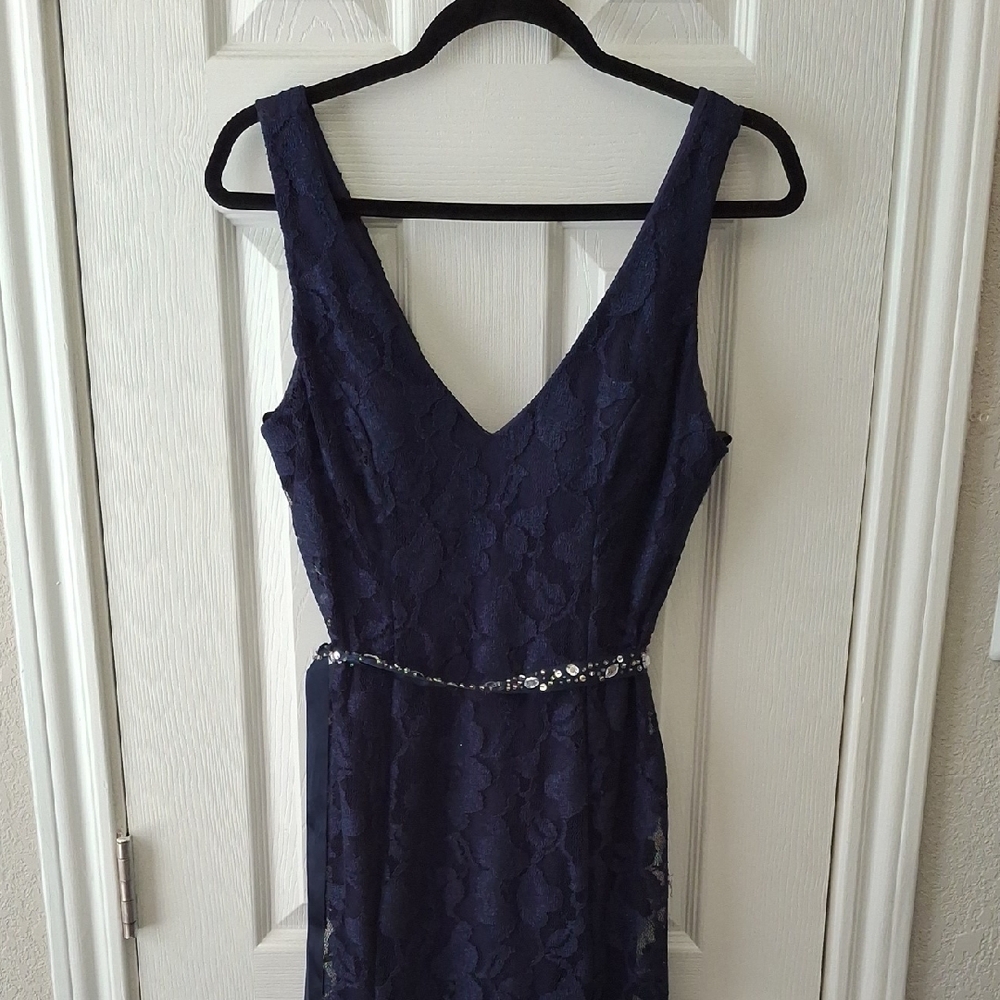 B Darlin Navy Backless Lace Dress with Beaded Detail